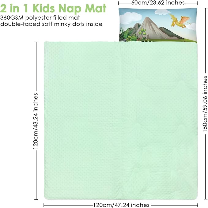 Kids Sleeping Bag Toddler Nap Mat with Removable Pillow, Large Foldable Sleeping Bag for Girls Boys, Easy Clean Slumber Bag with Double Zip for Camping School Preschool Daycare, 59×24 inch