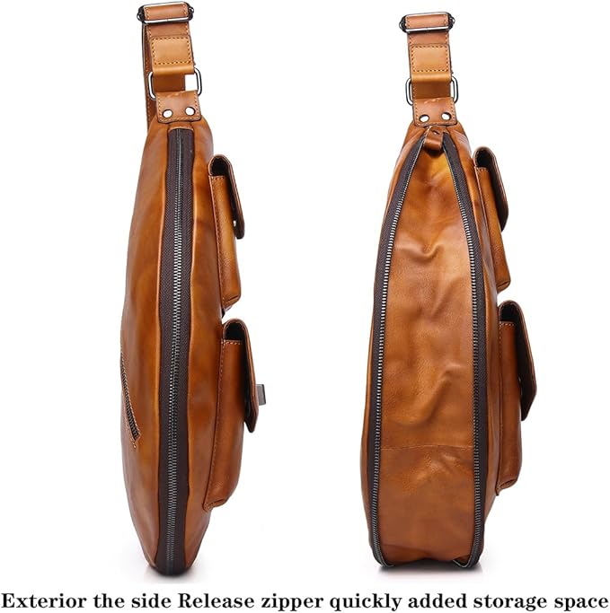 KPYWZER Genuine Leather Sling Bag for Men Women Crossbody Purse Chest Bag Shoulder Backpack Motorcycle Pack Satchel Casual Hiking Travel Daypack