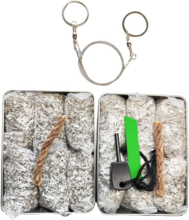 Emergency Fire Starter Magnesium 6 Bags Wax Infused Jute Rope Ferro Rod Striker Saw Wire for Camping Hiking Bushcraft Hurricane + Tin Container