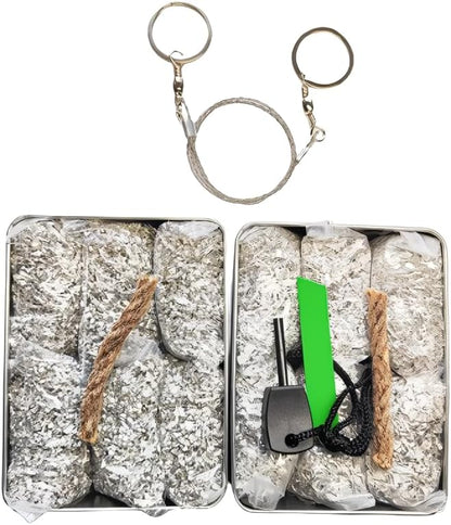 Emergency Fire Starter Magnesium 6 Bags Wax Infused Jute Rope Ferro Rod Striker Saw Wire for Camping Hiking Bushcraft Hurricane + Tin Container