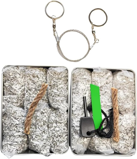 Emergency Fire Starter Magnesium 6 Bags Wax Infused Jute Rope Ferro Rod Striker Saw Wire for Camping Hiking Bushcraft Hurricane + Tin Container