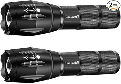 Military Grade High Lumen Flashlight Tactical LED Torch Flash Light Zoomable with 5 Light Modes，2-Pack
