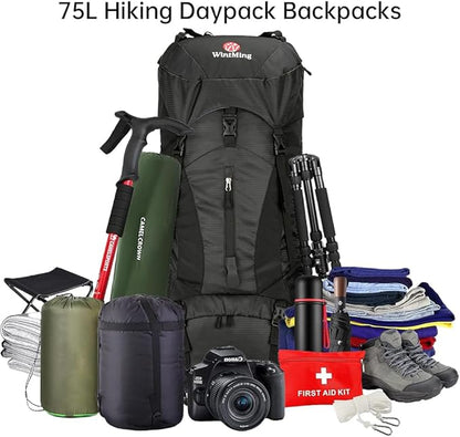 King'sGuard Hiking Backpack for Men and Women 70L+5L Waterproof Lightweight Camping Daypack with Rain Cover - Frameless (black-b)