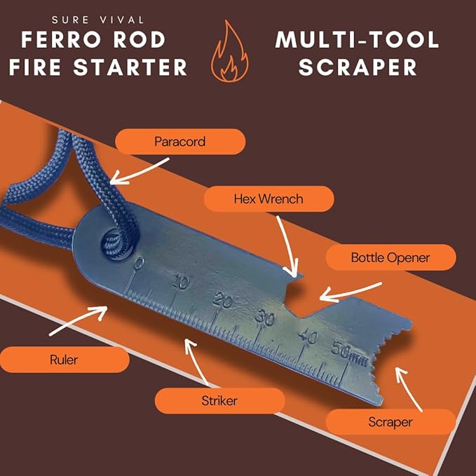 Emergency Waterproof Fire Starter Ferro Rod with Multi-Tool Striker, Hex Wrench, Bottle Opener, Paracord & Whistle for Your Camping, Hiking and Backpacking Gear - Gift for Dad