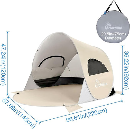 WolfWise UPF 50+ Easy Pop Up 3-4 Person Beach Tent Sport Umbrella Instant Sun Shelter Tent Sun Shade Canopy, Beige