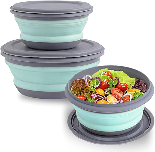 Collapsible Bowls, 3pcs Food Grade Silicone Camping Bowl Salad Bowl with lids, Portable Expandable Lunch Box Food Storage Container for Camping Travel and Picnic