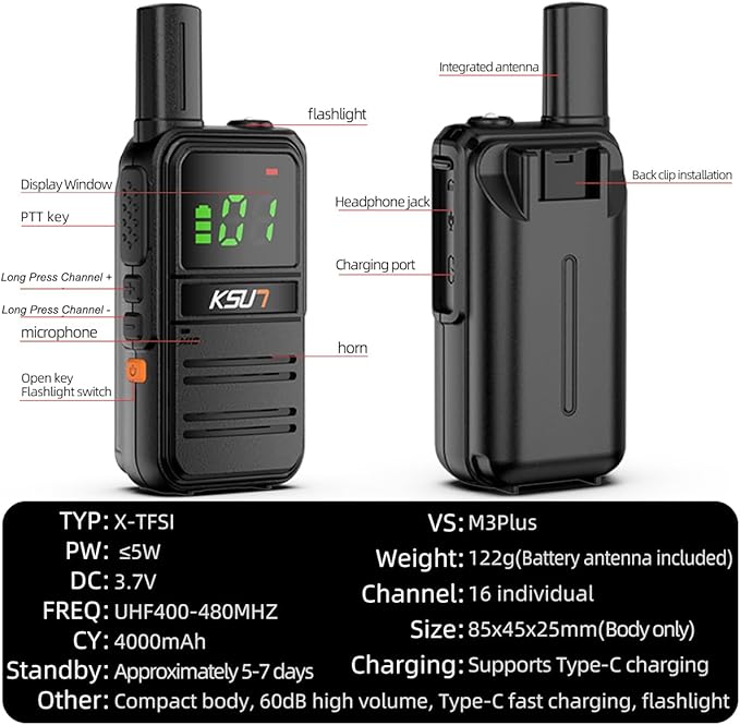2 Pack Long Distance Walkie Talkies Portable FRS Two-Way Radios, 4000mAh Rechargeable Battery, 16 Channel for Cruise Camping Hiking KSUN M3Plus