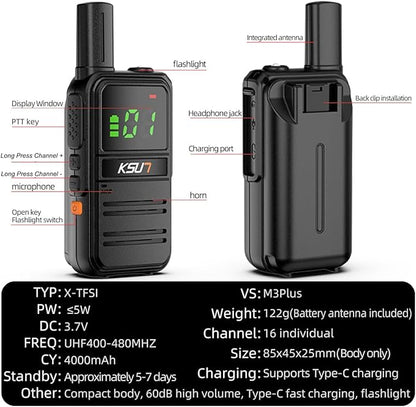 2 Pack Long Distance Walkie Talkies Portable FRS Two-Way Radios, 4000mAh Rechargeable Battery, 16 Channel for Cruise Camping Hiking KSUN M3Plus