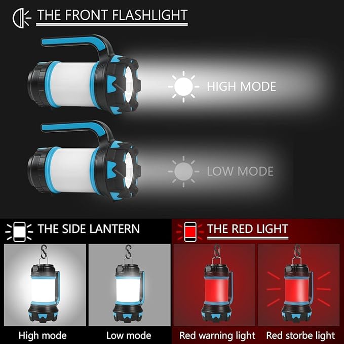 Ainiv Camping Lantern, Rechargeable Flashlight with 1000 LM, 6 Modes LED Torch Outdoor Searchlight Tent Light, IPX5 Waterproof Emergency Light with 4000mAh Power Bank for Outdoor, Hiking - Blue
