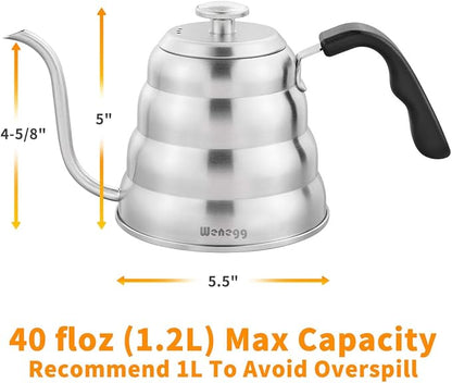 Pour Over Coffee Kettle with Thermometer for Exact Temperature 40 fl oz - Premium Stainless Steel Gooseneck Tea Kettle for Drip Coffee, French Press and Tea - Works on Stove and Any Heat Source