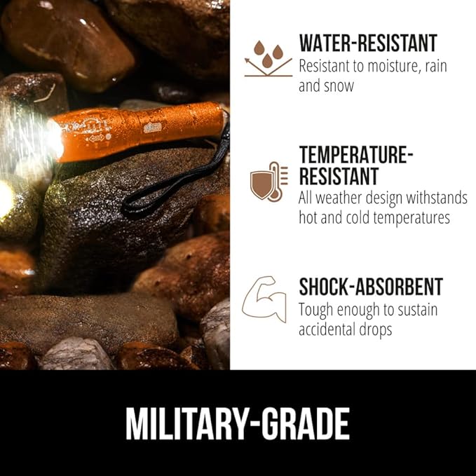 Gorilla Grip Powerful LED 750 FT Water Resistant 5 Adjustable Mode Tactical Flashlight, High Lumens Ultra Bright Battery Life Zoom Flashlights, Small Camping Car Mini Flash Light Accessories, Orange