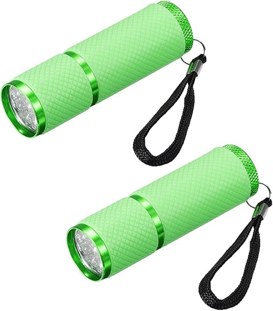 PATIKIL 9 LED Glow in Dark Flashlights, 2 Pcs Mini Aluminum Flashlight Rubber Coated Flashlight with Strap for Camping, Hiking, Party, Green