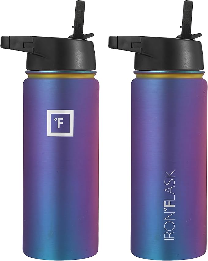 IRON °FLASK Camping & Hiking Hydration Flask, Wide Mouth, 3 Straw Lids, Stainless Steel Outdoor Water Bottle, Double Walled, Insulated Thermos, Metal Canteen - Aurora, 18 Oz