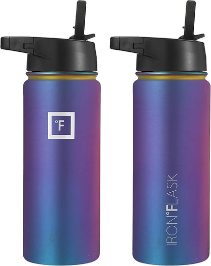 IRON °FLASK Camping & Hiking Hydration Flask, Wide Mouth, 3 Straw Lids, Stainless Steel Outdoor Water Bottle, Double Walled, Insulated Thermos, Metal Canteen - Aurora, 18 Oz