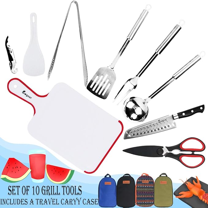 Bisgear Backpacking Camping Cookware Camp Kitchen Utensil BBQ Organizer Travel Mess Kit with Water Resistant Case, Cutting Board, Rice Paddle, Tongs, Scissors, Knife, Spork
