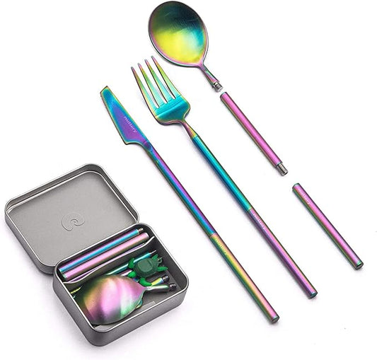 Outlery | Portable & Reusable Stainless Steel Travel Cutlery Set (Rainbow) - Includes Travel Case for Easy Transport