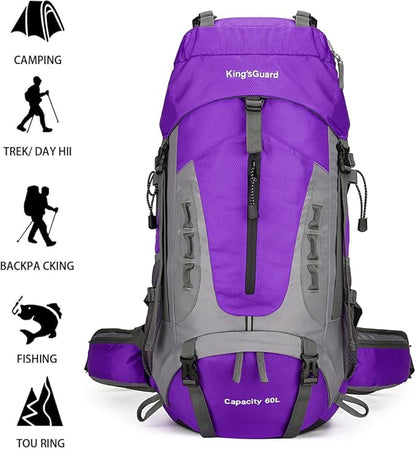 King'sGuard 60L Hiking Backpack Men Women Camping Backpack Waterproof Backpacking Mountaineering Climbing Daypack with Rain Cover (Purple)