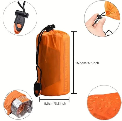 1 Piece Survival Shelter, Polyester Film Emergency Tent with String Bundle Pocket Whistle,String with Buckle for Hiking, Camping, First Aid Hurricane