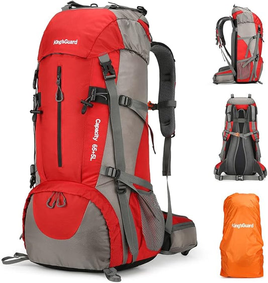 King'sGuard 70L Hiking Backpack Large Lightweight Waterproof Camping Backpack Travel Backpacking Backpack Daypack with Rain Cover -Frameless (Red)