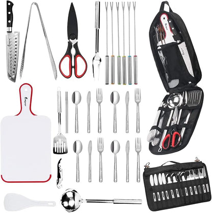 Bisgear Backpacking Camping Cookware Camp Kitchen Utensil BBQ Organizer Travel Mess Kit with Water Resistant Case, Cutting Board, Rice Paddle, Tongs, Scissors, Knife, Spork