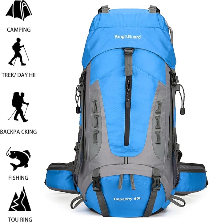 King'sGuard 60L Hiking Backpack Men Women Camping Backpack Waterproof Backpacking Mountaineering Climbing Daypack with Rain Cover (Blue)