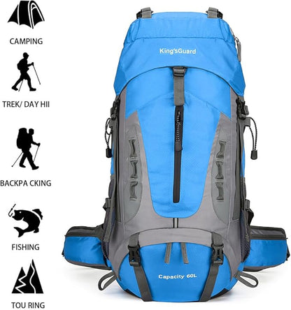 King'sGuard 60L Hiking Backpack Men Women Camping Backpack Waterproof Backpacking Mountaineering Climbing Daypack with Rain Cover (Blue)