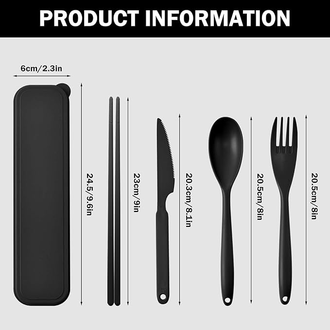 Large Reusable Travel Utensils Set with Case, Plastic Silverware Set for Adults Travel Picnic Camping, Portable Flatware Cutlery Set with Chopsticks for Daily Use(Black)