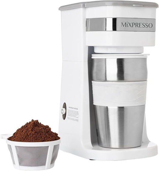 Mixpresso Personal Single Serve Coffee Maker & 14oz Travel Mug, Drip Small Coffee Maker & Tumbler, Auto Shut Off & Reusable Filter, White Coffee Maker Compatible with Coffee Grounds