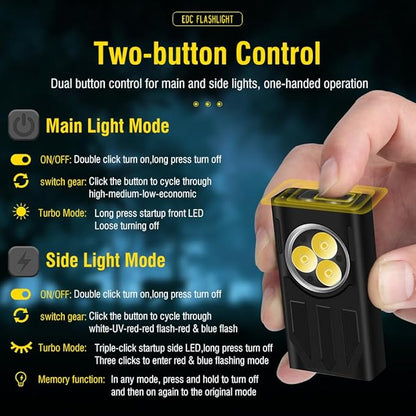 UniqueFire V7 Mini EDC Rechargeable Flashlight 1100 High Lumens, 365nm UV Blacklight 10 Modes Multi-Color Light Source, Small Pocket Keychain Flash light with Magnetic