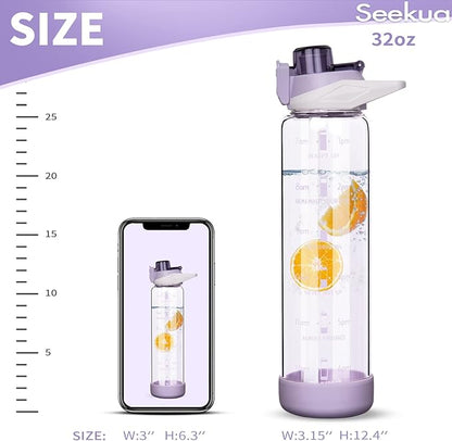 32 oz Sports Glass Water Bottle with Straw and Time Marker, Large Resuable Motivational Glass Drinking Bottle for Infused Water, Fruit, Smoothie, Coffee