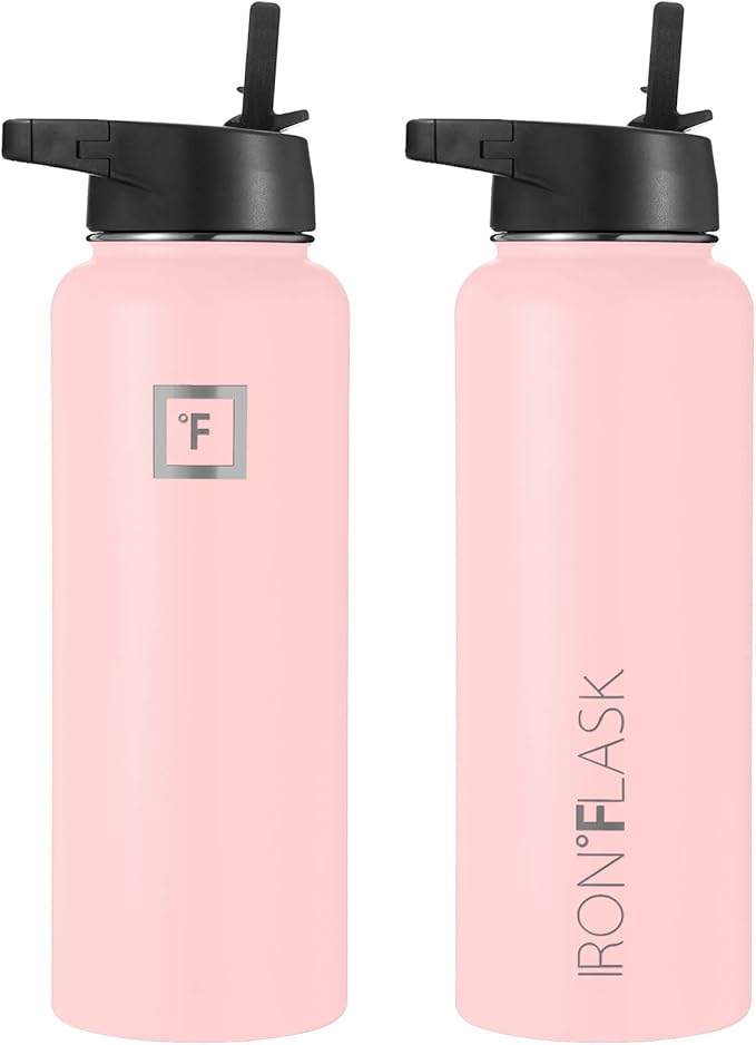 IRON °FLASK Camping & Hiking Hydration Flask, Wide Mouth, 3 Straw Lids, Stainless Steel Outdoor Water Bottle, Double Walled, Insulated Thermos, Metal Canteen - Rose, 18 Oz