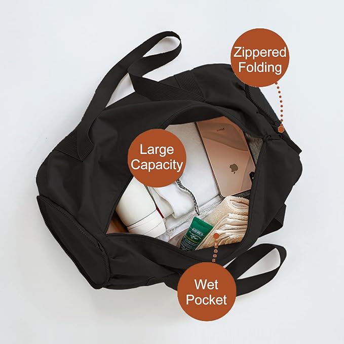 Small Sport Gym Bag for Adults, 25L Waterproof Duffle Bag with Wet and Dry Compartment Foldable Gym Tote Bag for Workouts, Sports, Travel (Black)