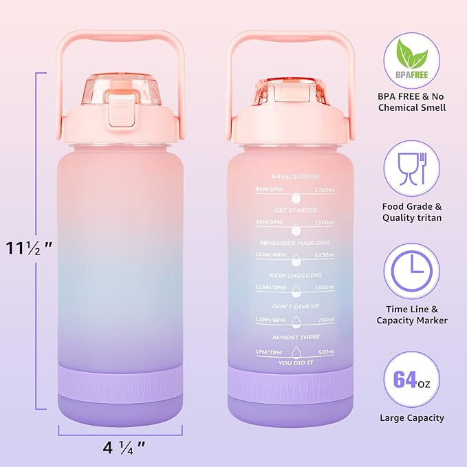 64oz Half Gallon Water Bottle With Sleeve, Water Bottles with Time Marker/Straw/Chug One Lids, Leakproof Tritan BPA Free Reusable Water Jug Easy Carry for Adult and Kids Gym Sports Outdoors
