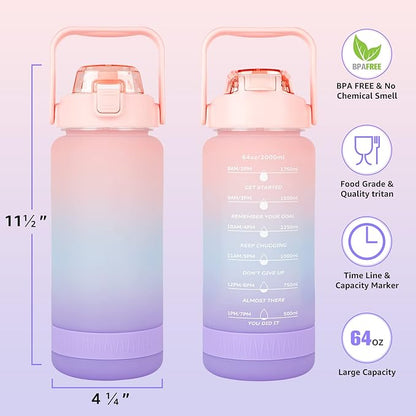 64oz Half Gallon Water Bottle With Sleeve, Water Bottles with Time Marker/Straw/Chug One Lids, Leakproof Tritan BPA Free Reusable Water Jug Easy Carry for Adult and Kids Gym Sports Outdoors