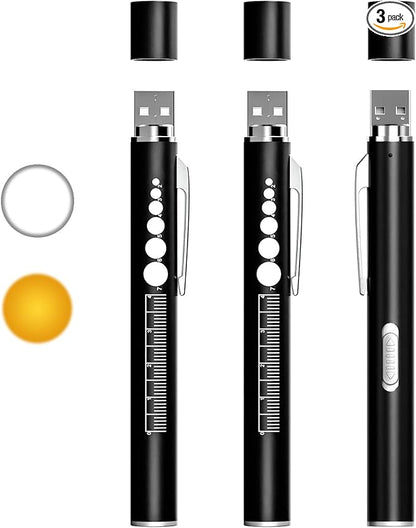 COSOOS 3 Rechargeable Penlights Flashlight with Pupil Gauge & Ruler, Mini LED Pen Lights for Nurses Doctors, Warm/White Light with Clip, USB Rechargeable Penlight for Nursing Student