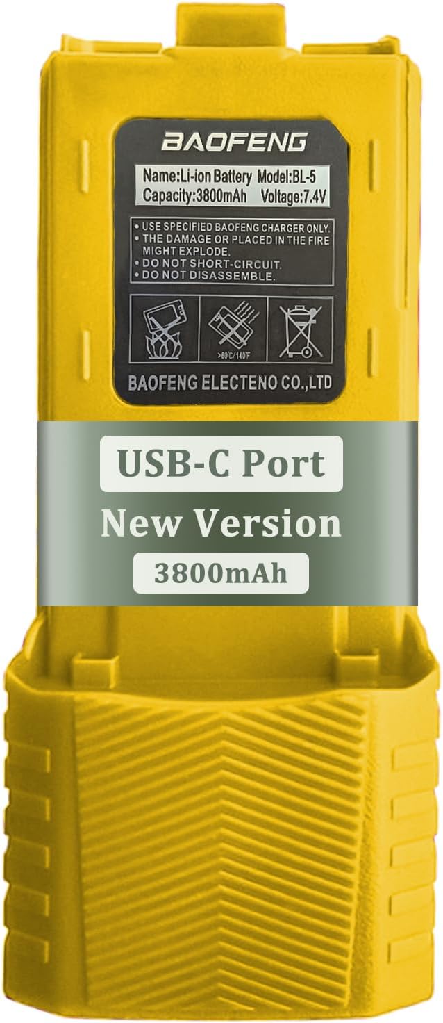 BAOFENG UV-5R Radio Battery Extended 3800mAh USB-C Charging Yellow Replacement for BF-F8HP New Version for BF-F8 Rechargeable Bl-5 Two Way Radio Battery