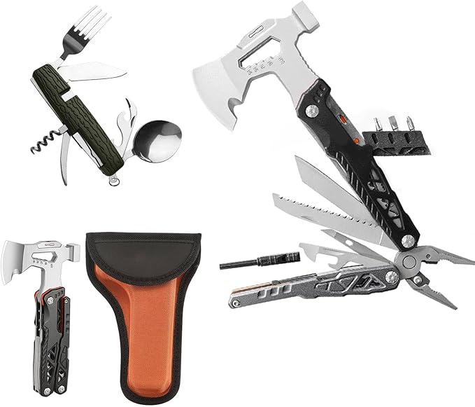Camping Axe Multitool 17 IN 1, with 7-in-1 Camping Utensils Flatware Set, Foldable Camping Essentials Survival Gear Hatchet, Outdoor Multi Tool Stainless Steel Mens Gifts(Black)