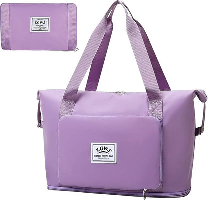 Expandable Travel Duffel Tote Bag - Foldable Overnight Weekender, Carry-On, Swim & Gym Bag - Fits Spirit Airlines Personal Item Size - Lightweight, Waterproof & Durable with Trolley Sleeve,Purple