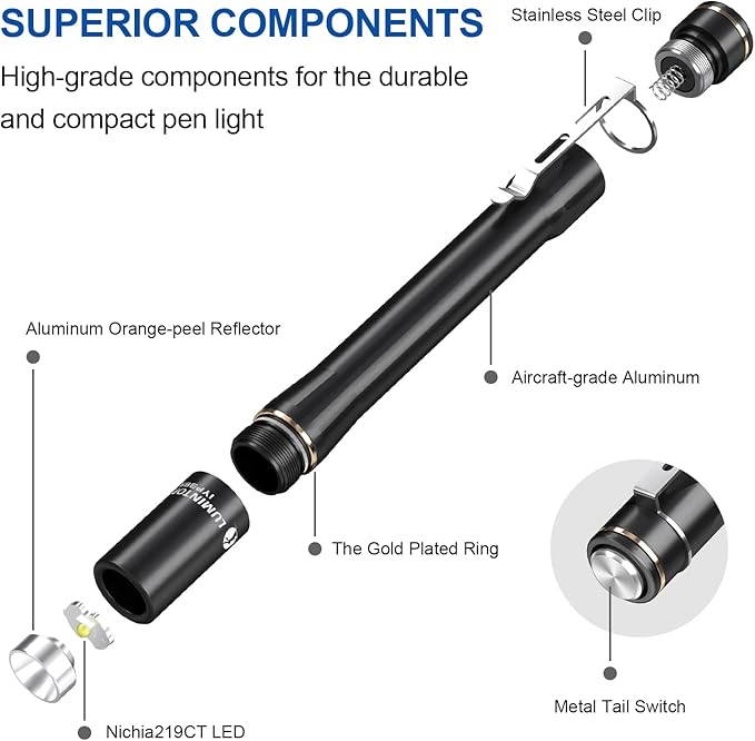 LUMINTOP Pen Light IYP365 Nichia High Color Rendering LED Flashlight, Pen Lights for Nurses, AAA Flashlight, Penlights for Doctors Diagnostic, Inspection, 3 Modes IP68 Waterproof