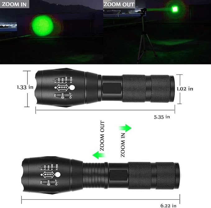 2 Pack Tactical Green Light Flashlight Single Modes Zoomable LED Hunting Light for Night Vision
