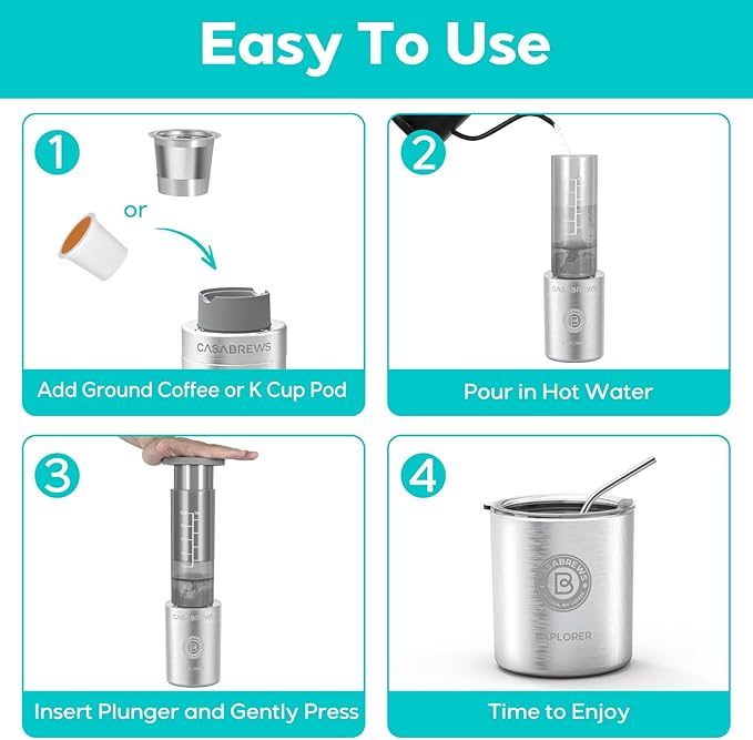 CASABREWS KP3000 Portable Coffee Maker, 2 in 1 Small Travel Coffee Machine for K Cup Pod or Ground Coffee, Quick Coffee Press Kit with Stainless Steel Cup, Cup Lid, Straw and Storage Bag