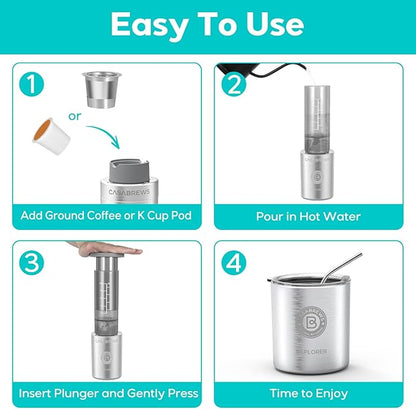 CASABREWS KP3000 Portable Coffee Maker, 2 in 1 Small Travel Coffee Machine for K Cup Pod or Ground Coffee, Quick Coffee Press Kit with Stainless Steel Cup, Cup Lid, Straw and Storage Bag