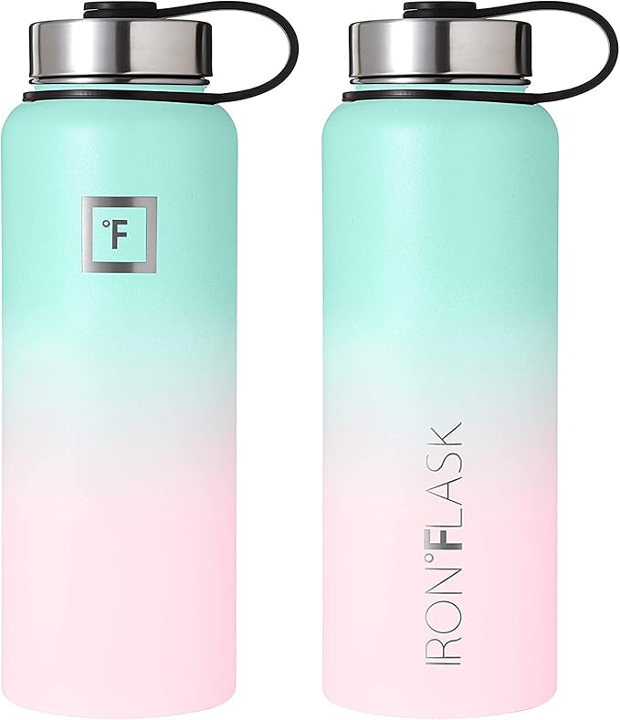 IRON °FLASK Camping & Hiking Hydration Flask, Wide Mouth, 3 Straw Lids, Stainless Steel Outdoor Water Bottle, Double Walled, Insulated Thermos, Metal Canteen - Bubble Gum, 18 Oz