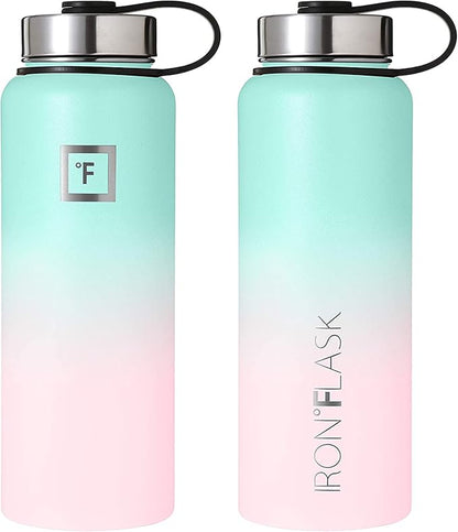 IRON °FLASK Camping & Hiking Hydration Flask, Wide Mouth, 3 Straw Lids, Stainless Steel Outdoor Water Bottle, Double Walled, Insulated Thermos, Metal Canteen - Bubble Gum, 40 Oz