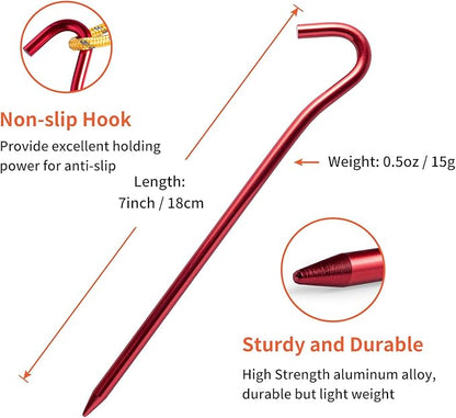 12 PCS Metal Tent Stakes Tent Pegs with Hook for Camping Ground Rug Party Tarp (7 Inch)