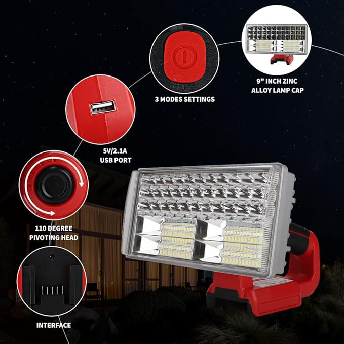 40W Cordless Flashlight for Milwaukee M18 18V Lithium-ion Battery, DTEZTECH 4200LM LED Work Light with USB Port, 9" Zinc Alloy Spotlight Use for Camping, Hiking, Job site, Indoor Outdoor Tool…
