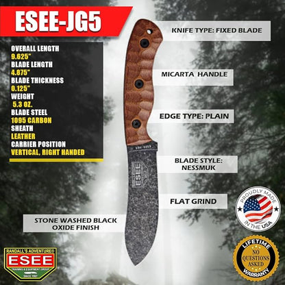 ESEE James Gibson Designed JG5 Nessmuk Fixed Blade Knife w/Sculpted Micarta Handles, Black Oxide Finish, and Brown Leather Pouch Sheath (Brown Sculpted Micarta)
