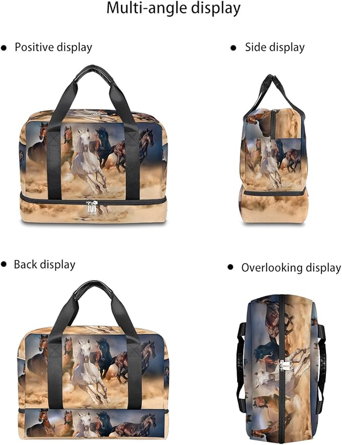 Horse Travel Duffel Bag, Desert Running Horse Weekender Overnight Bag Large Carry On Bag, Waterproof Sports Gym Bag Tote Workout Duffel Bag for Men Women