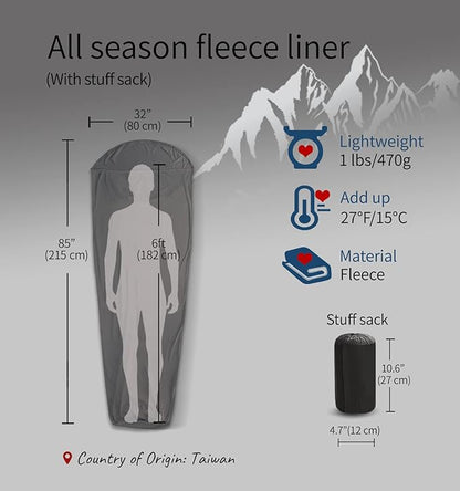 All Season Fleece Sleeping Bag Liner Adds Up to 27°F/ 15°C, Lightweight Mummy Sleeping Sack for Cold Weather and Winter Backpacking, Camping, Traveling with Drawstring Hood and Stuff Sack E629