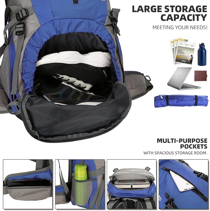 King'sGuard 70L Hiking Backpack Large Lightweight Waterproof Camping Backpack Travel Backpacking Backpack Daypack with Rain Cover -Frameless (Deep Blue)
